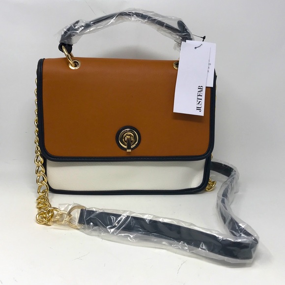 JustFab Color Blocked Messenger Bag, Size  10”L x 8”H x 4”D - Black/Cognac/White - Picture 3 of 13